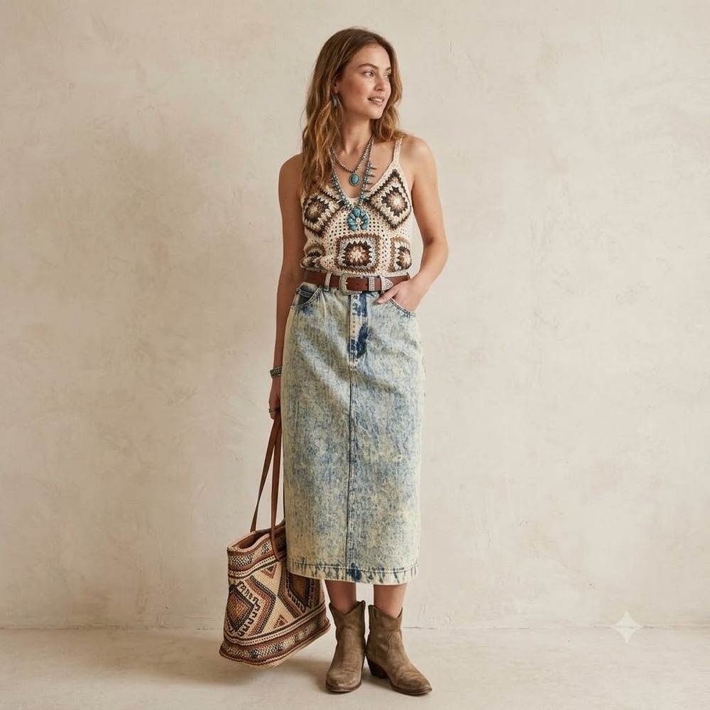 Jordache Denim Skirt Womens 11/12 Blue Sepia Acid Wash 80s High Waist Midi